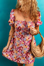 Red Floral Puff Sleeve Square Neck Knot Open Back Mini Dress