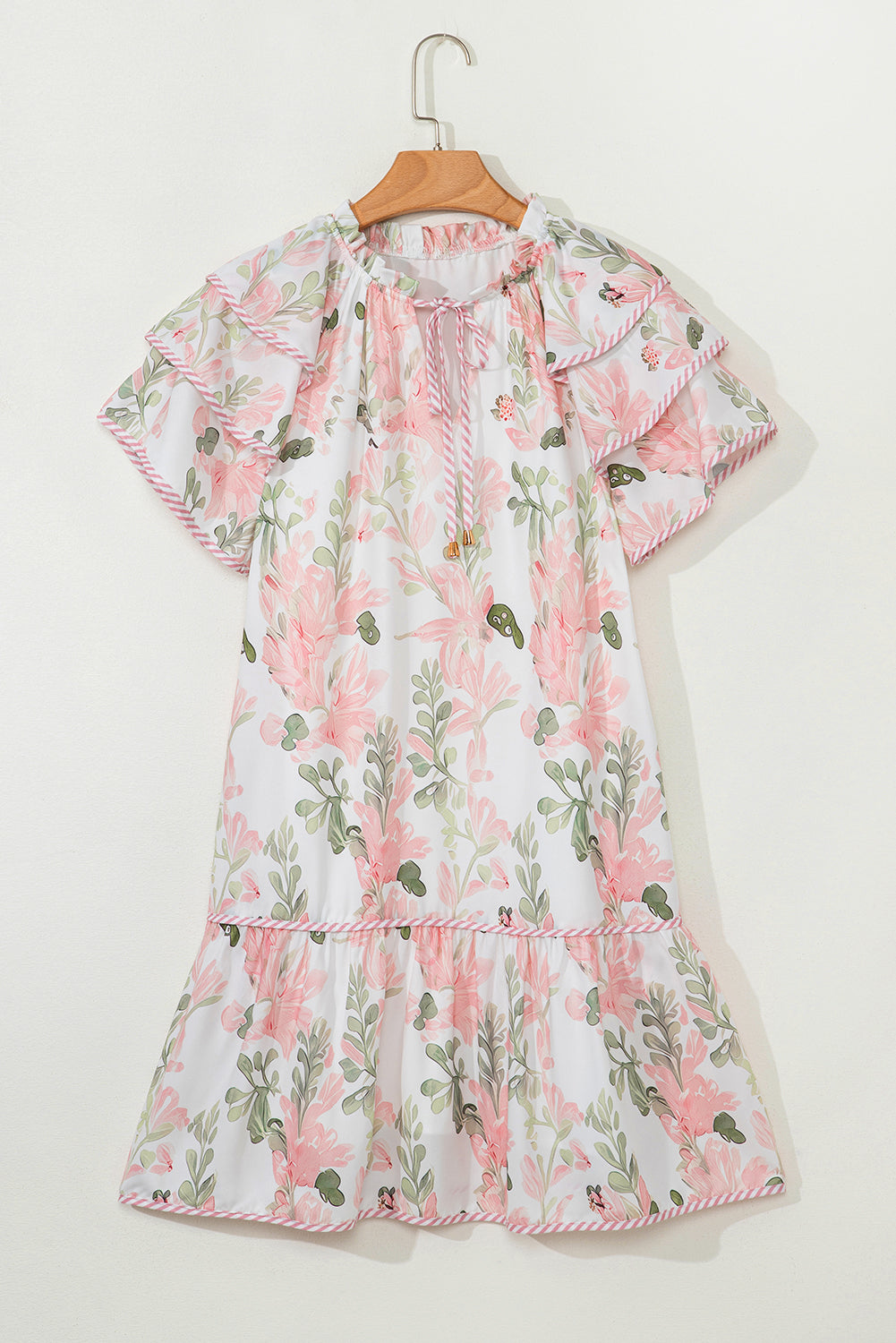 Pink Floral Contrast Edge Layered Short Sleeve Mini Dress