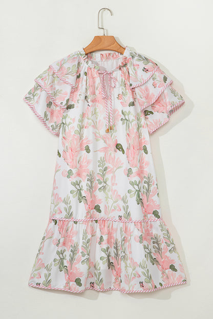 Pink Floral Contrast Edge Layered Short Sleeve Mini Dress