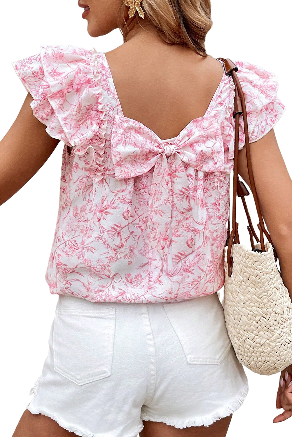 Pink Floral Ruffled Short Sleeve Bow Back Square Neck Blouse