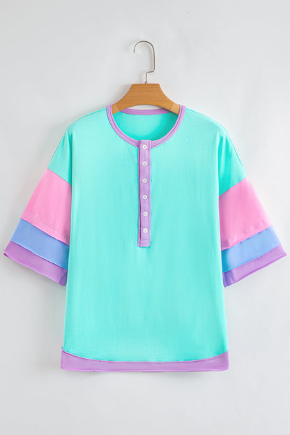 Light Blue Solid Color Half Sleeve Buttons Henley Top