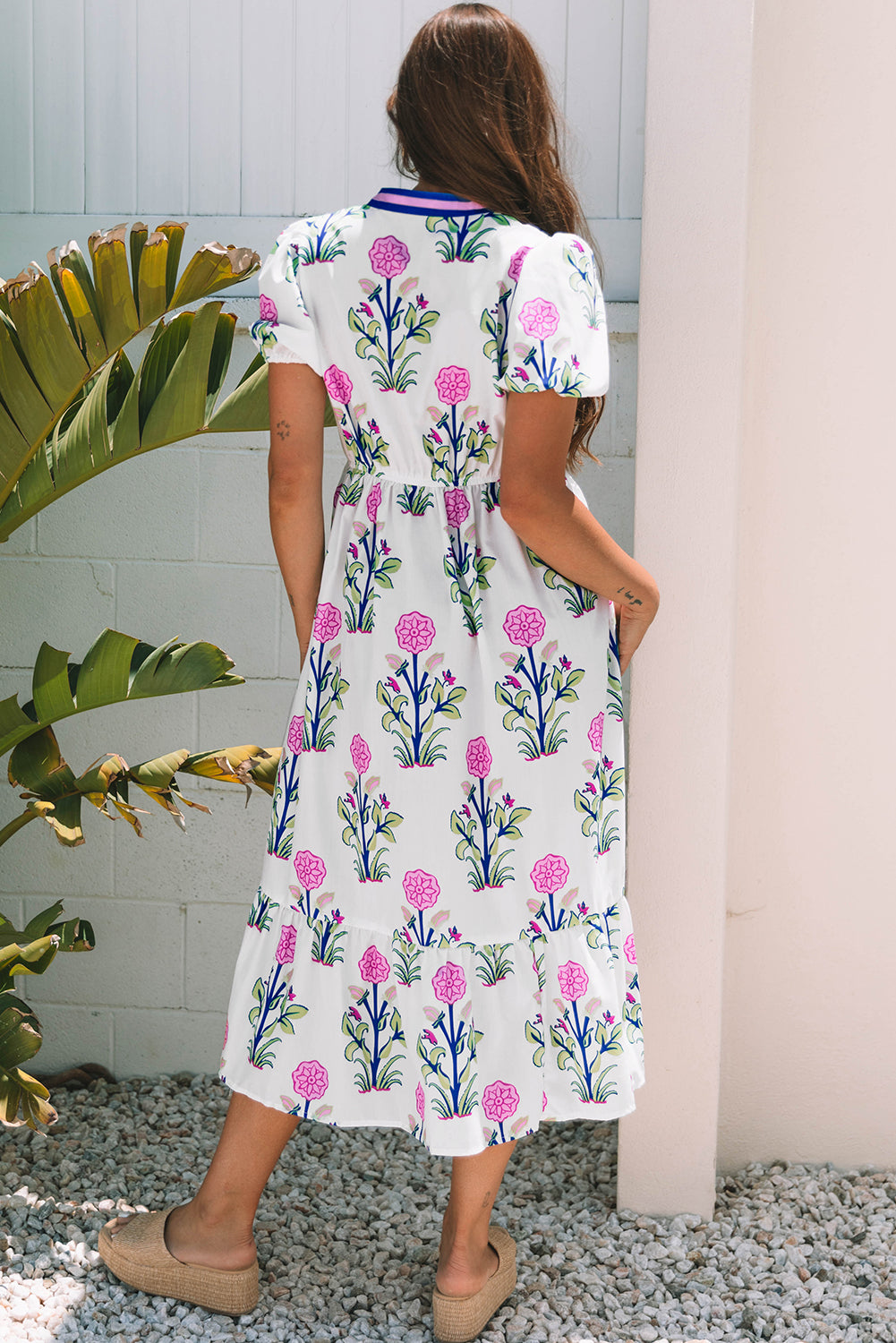 White Floral Puff Short Sleeve V Neck High Waist Maxi Dress