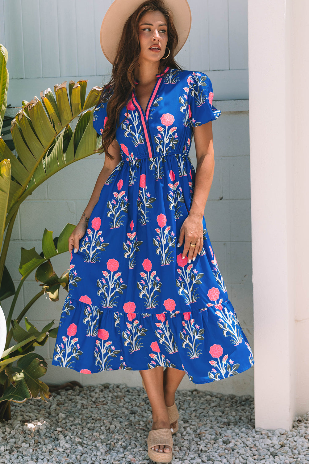 Sky Blue Floral Puff Short Sleeve V Neck High Waist Maxi Dress
