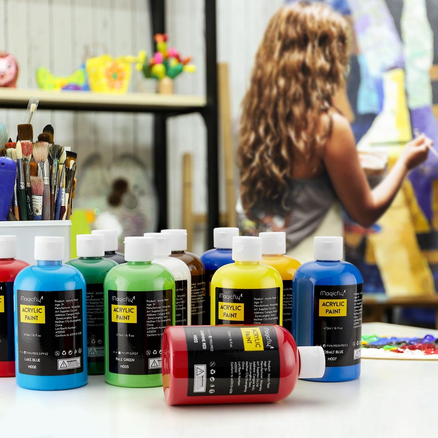 Magicfly Bulk Acrylic Paint 280ml, 14 Rich Pigment Colors 9.47oz Bottle Set, Painting Supplies Craft Paints for Artists or Beginners on Canvas Wood Clay Fabric Ceramic
