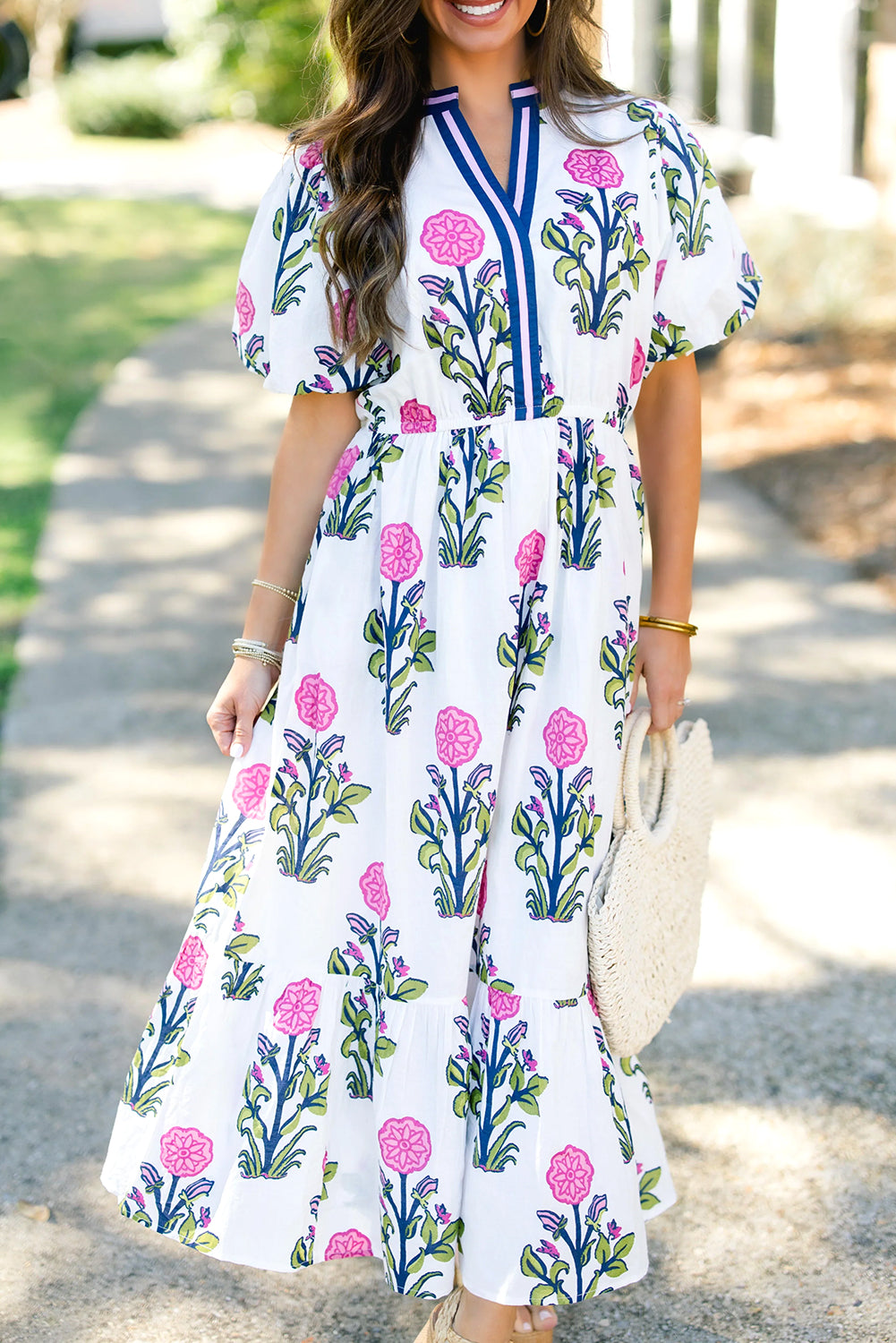 White Floral Puff Short Sleeve V Neck High Waist Maxi Dress