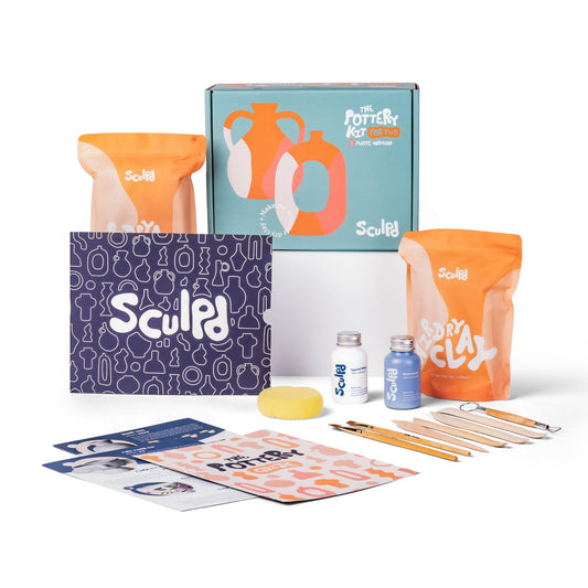 Sculpd Pottery Starter Kit - Complete Air Dry Clay Beginner Set for 2 Adults: Includes Sculpting Tools, Gloss Varnish, Paint Brushes, Guide, Video Tutorials & More - Date Night Gift, Arts Crafts Hobby