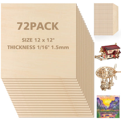 Adrattnay Basswood Sheets 1/16 x 12 x 12 inch - 1.5mm Basswood Sheets Plywood Sheets, 48Pcs Square Unfinished Wood Board for DIY Crafts, Laser Cutting, Wood Burning, Painting, Model Carving
