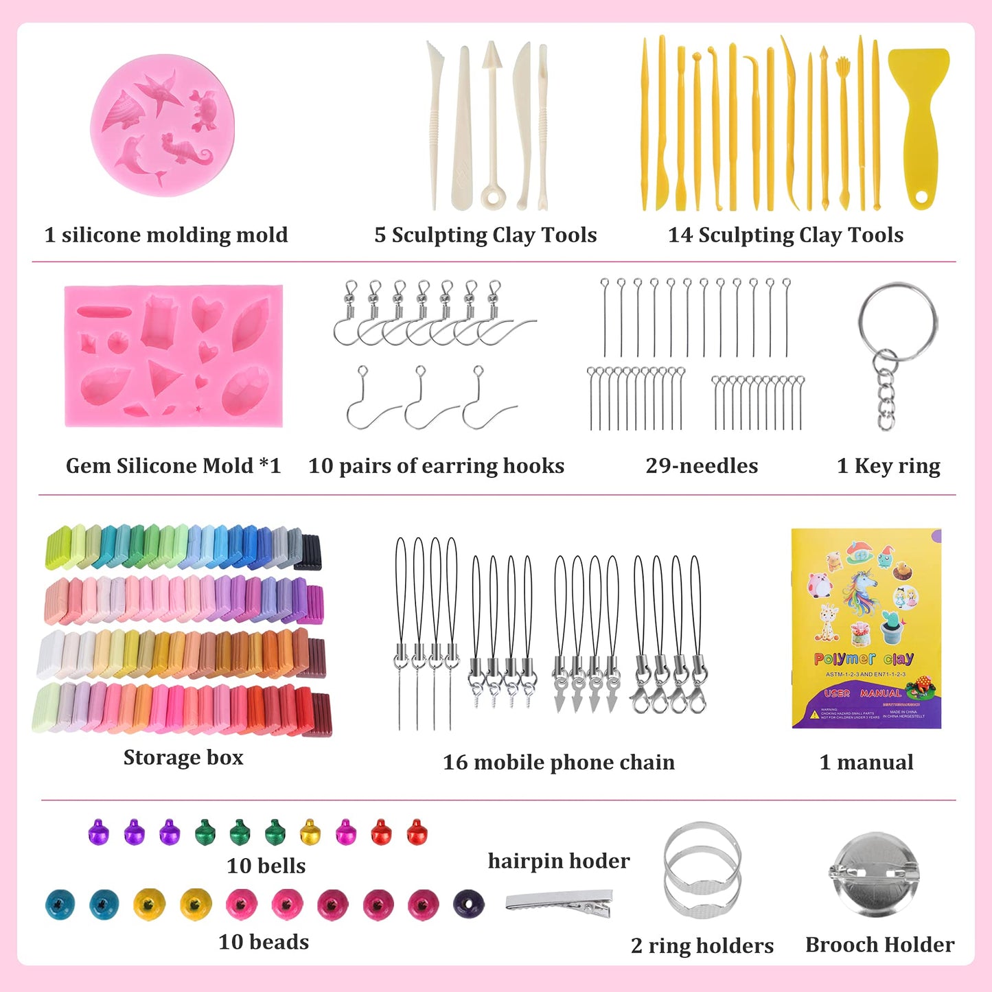 Polymer Clay 50 Colors, Modeling Clay for Kids DIY Starter Kits, Oven Baked Model Clay, Non-Sticky Molding Clay with Sculpting Tools, Gift for Children and Artists (50 Colors A)