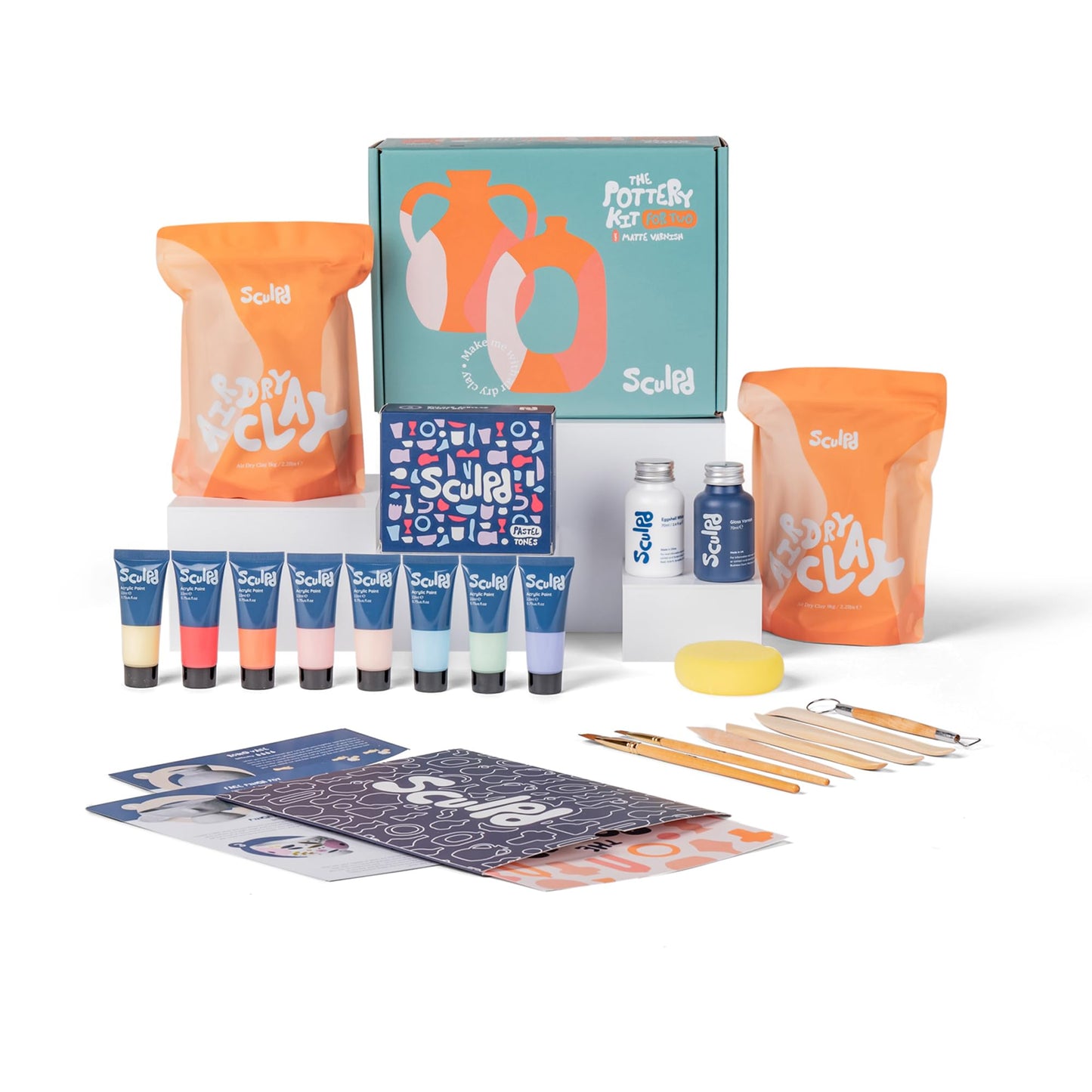 Sculpd Pottery Starter Kit - Complete Air Dry Clay Beginner Set for 2 Adults: Includes Sculpting Tools, Gloss Varnish, Paint Brushes, Guide, Video Tutorials & More - Date Night Gift, Arts Crafts Hobby