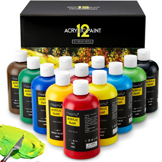 Magicfly Bulk Acrylic Paint 280ml, 14 Rich Pigment Colors 9.47oz Bottle Set, Painting Supplies Craft Paints for Artists or Beginners on Canvas Wood Clay Fabric Ceramic