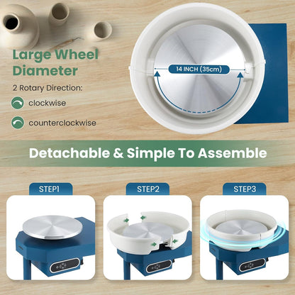 Huanyu Pottery Wheel Ceramic Machine 35cm/14in with Foot Pedal & LCD Screen, Electric Pottery Forming Machine Detachable Basin 250W Art Clay DIY Sculpting Tool Kit