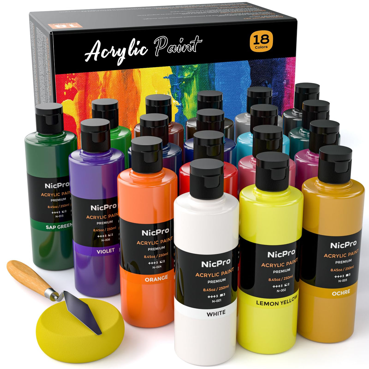 Nicpro 14 Colors Large Bulk Acrylic Paint Set (16.9 oz,500 ml) Rich Art Painting Supplies, Non Toxic for Multi Surface Canvas Wood Leather Fabric Stone Craft, for Kid & Adult with Color Wheel