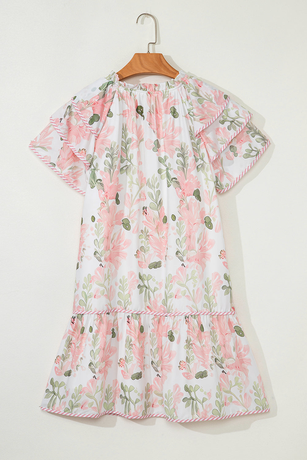 Pink Floral Contrast Edge Layered Short Sleeve Mini Dress