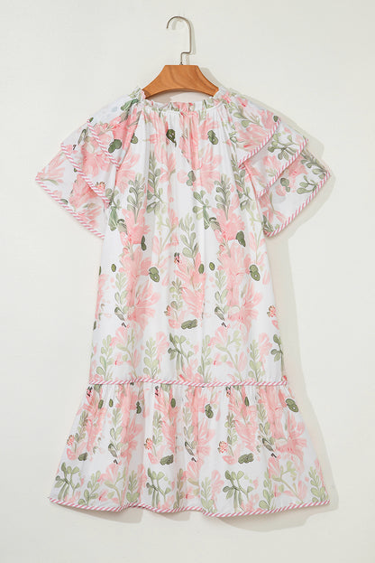 Pink Floral Contrast Edge Layered Short Sleeve Mini Dress