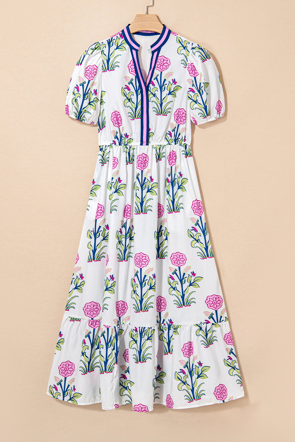 White Floral Puff Short Sleeve V Neck High Waist Maxi Dress