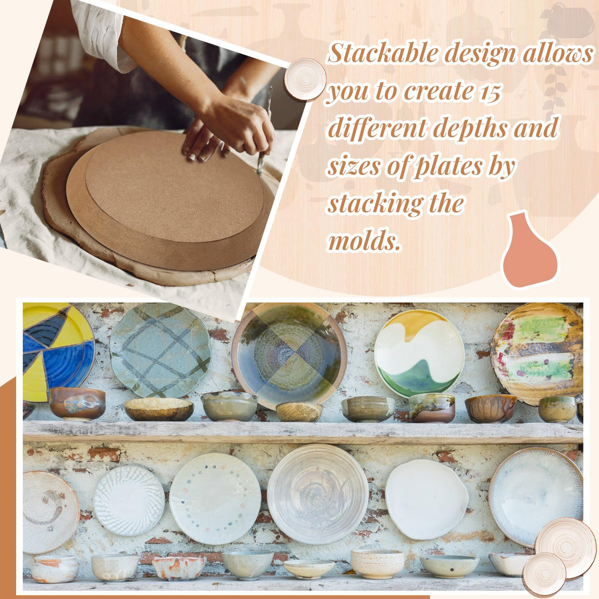 Sunnychicc 5 Pcs Ceramic Mold for Clay Wooden Pottery Clay Molds for Pottery Ceramic Plate for Slump Tools for Handbuilding Craft(Round,6.14-10.87")