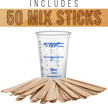 TCP Global 10 Ounce (300ml) Disposable Flexible Clear Graduated Plastic Mixing Cups - Box of 50 Cups & 50 Mixing Sticks - Use for Paint, Resin, Epoxy, Art, Kitchen - Measuring Ratios 2-1, 3-1, 4-1, ML