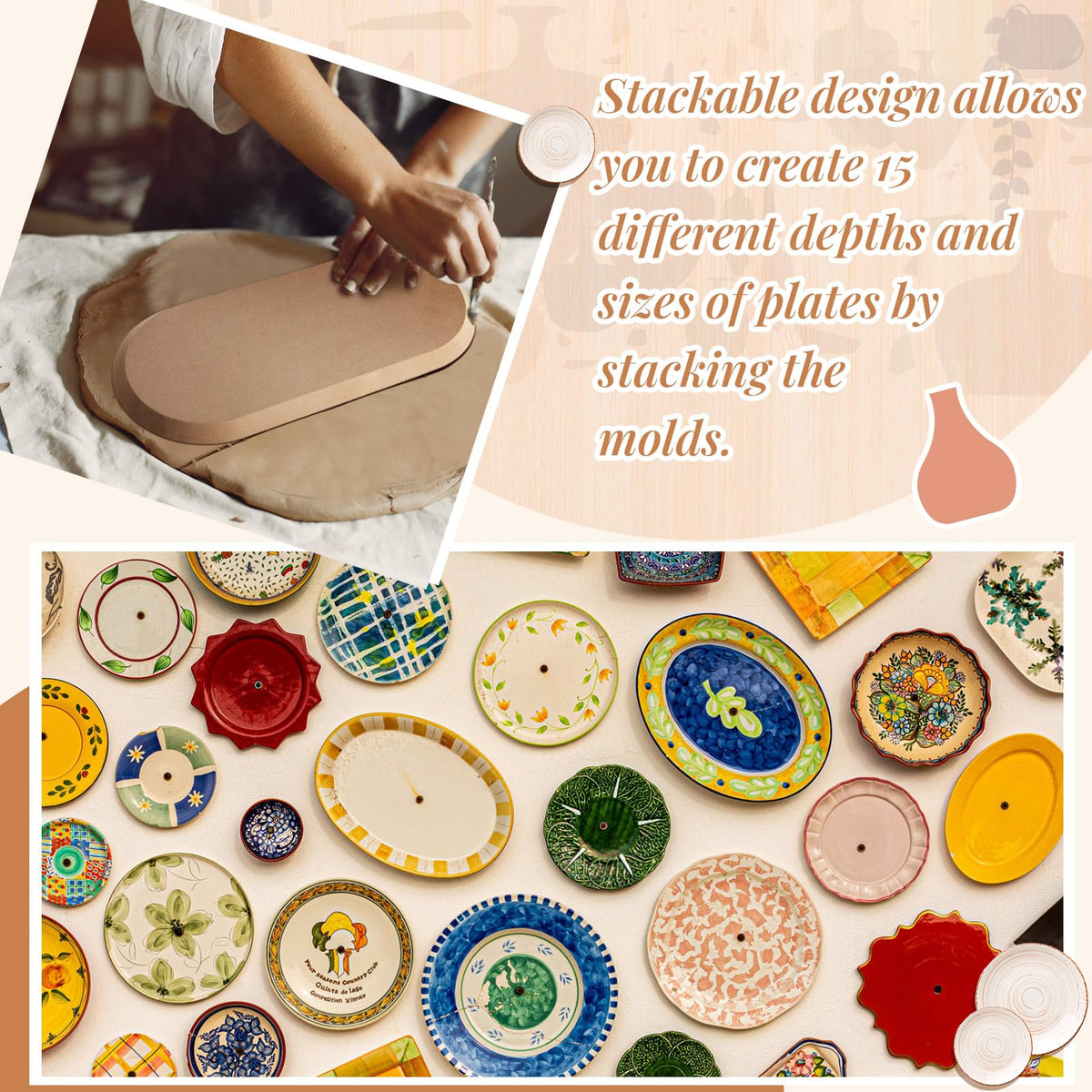 Sunnychicc 5 Pcs Ceramic Mold for Clay Wooden Pottery Clay Molds for Pottery Ceramic Plate for Slump Tools for Handbuilding Craft(Round,6.14-10.87")