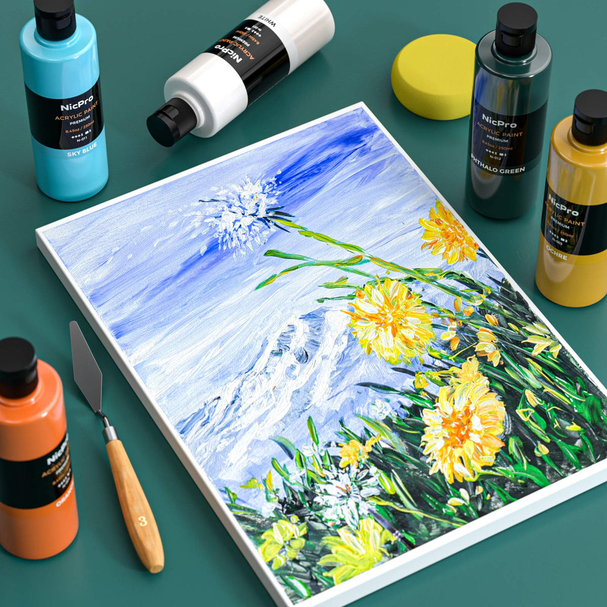 Nicpro 14 Colors Large Bulk Acrylic Paint Set (16.9 oz,500 ml) Rich Art Painting Supplies, Non Toxic for Multi Surface Canvas Wood Leather Fabric Stone Craft, for Kid & Adult with Color Wheel