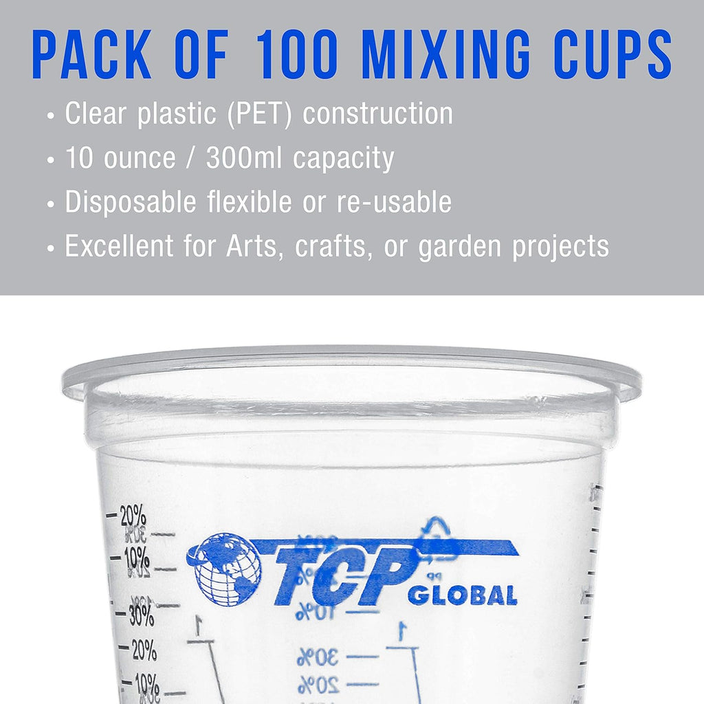 TCP Global 10 Ounce (300ml) Disposable Flexible Clear Graduated Plastic Mixing Cups - Box of 50 Cups & 50 Mixing Sticks - Use for Paint, Resin, Epoxy, Art, Kitchen - Measuring Ratios 2-1, 3-1, 4-1, ML