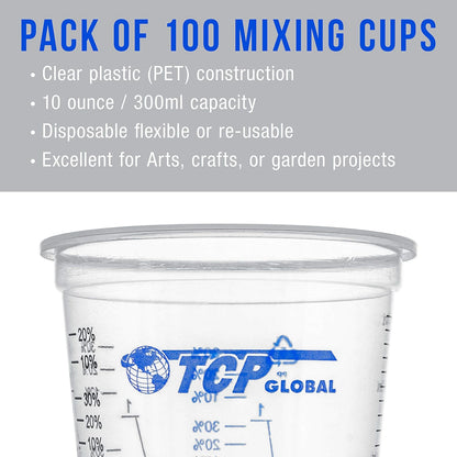 TCP Global 10 Ounce (300ml) Disposable Flexible Clear Graduated Plastic Mixing Cups - Box of 50 Cups & 50 Mixing Sticks - Use for Paint, Resin, Epoxy, Art, Kitchen - Measuring Ratios 2-1, 3-1, 4-1, ML