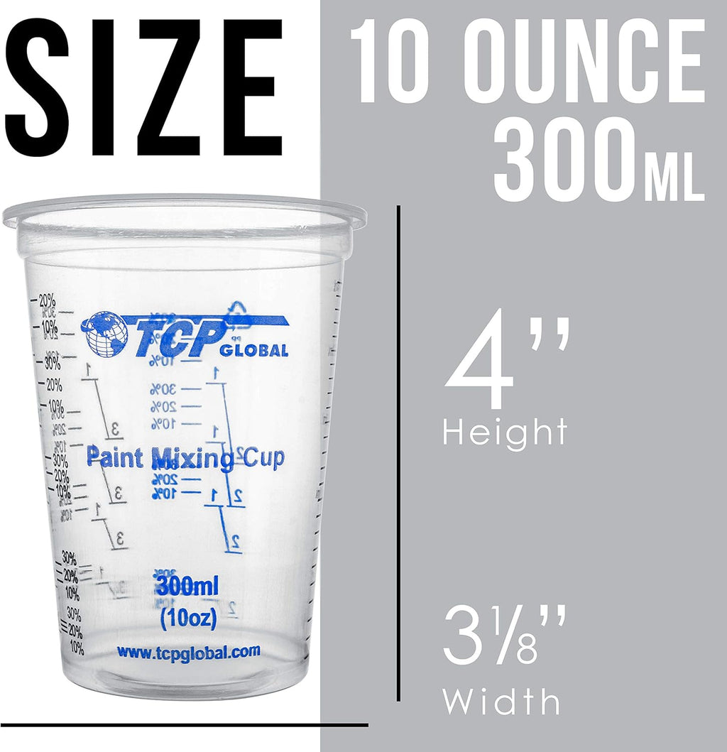TCP Global 10 Ounce (300ml) Disposable Flexible Clear Graduated Plastic Mixing Cups - Box of 50 Cups & 50 Mixing Sticks - Use for Paint, Resin, Epoxy, Art, Kitchen - Measuring Ratios 2-1, 3-1, 4-1, ML
