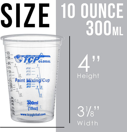TCP Global 10 Ounce (300ml) Disposable Flexible Clear Graduated Plastic Mixing Cups - Box of 50 Cups & 50 Mixing Sticks - Use for Paint, Resin, Epoxy, Art, Kitchen - Measuring Ratios 2-1, 3-1, 4-1, ML