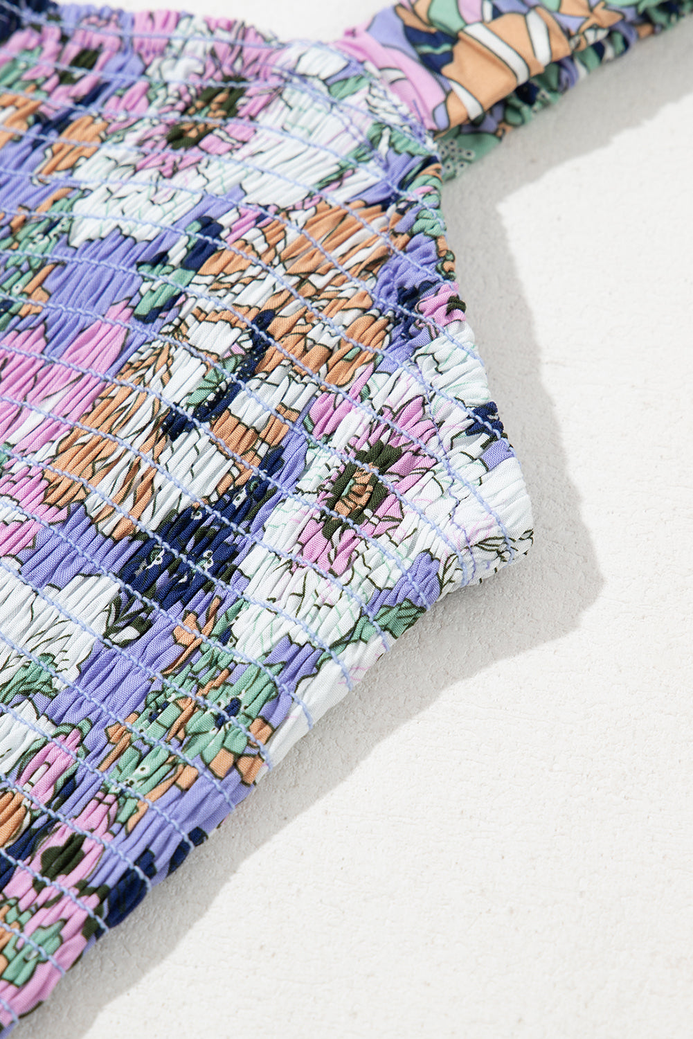 Purple Floral Print Smocked High Waist Square Neck Jumpsuit