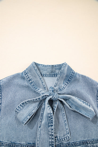 Real Teal Bowknot Neck Sleeveless Ruffled Chambray Dress