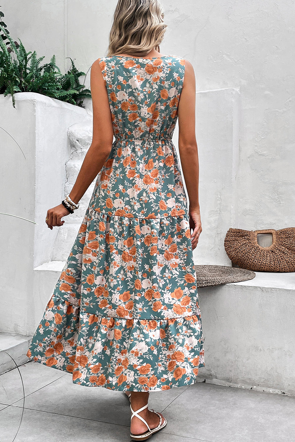 Green Floral Print Trimmed V Neck Tie Waist Sleeveless Holiday Long Dress