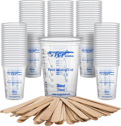 TCP Global 10 Ounce (300ml) Disposable Flexible Clear Graduated Plastic Mixing Cups - Box of 50 Cups & 50 Mixing Sticks - Use for Paint, Resin, Epoxy, Art, Kitchen - Measuring Ratios 2-1, 3-1, 4-1, ML