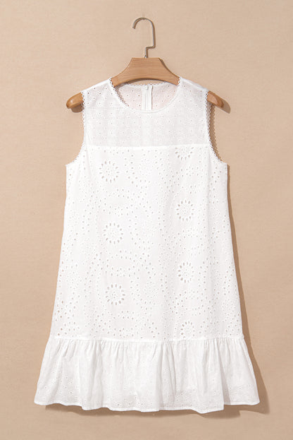 White Floral Eyelet Embroidered Sleeveless Shift Dress