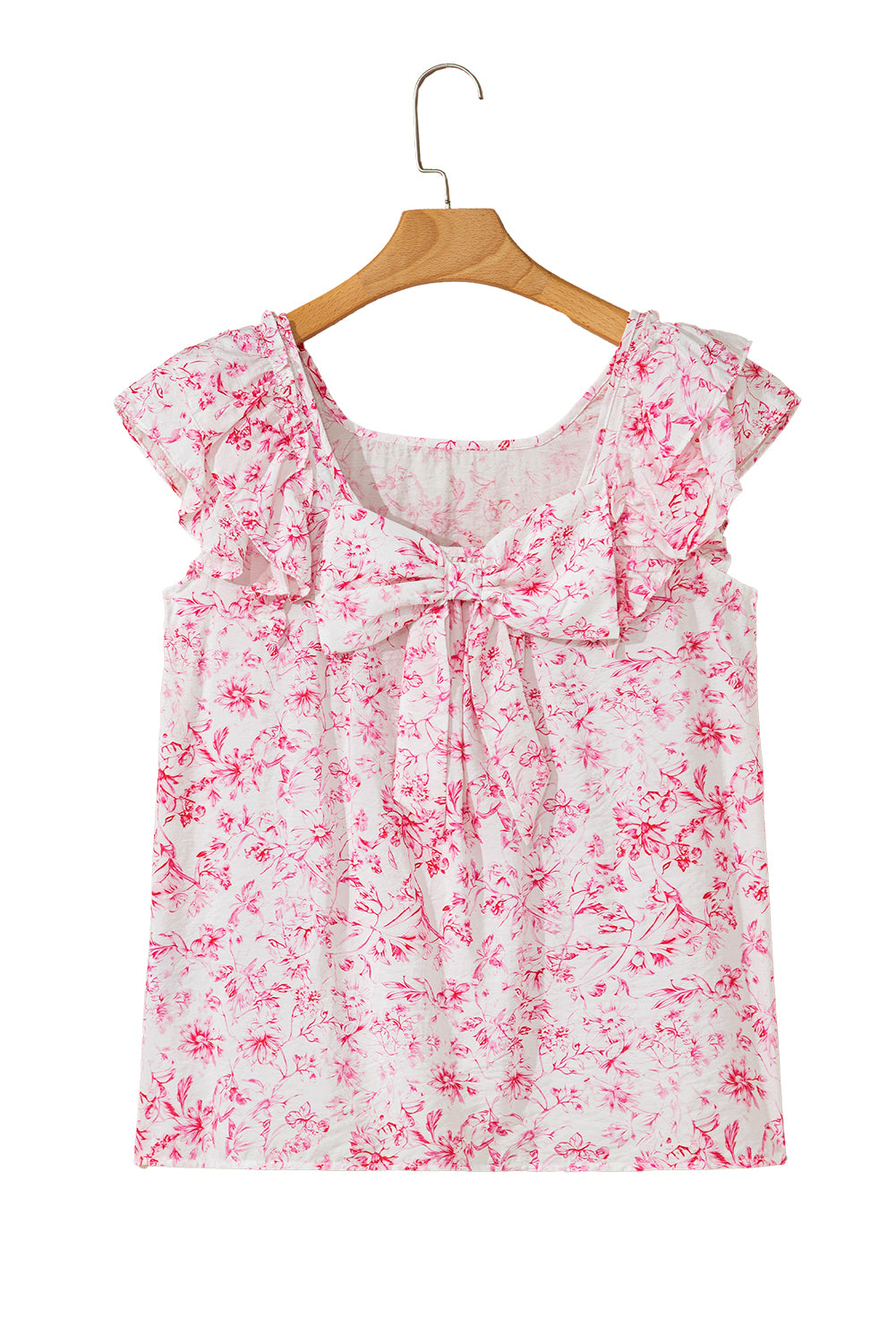 Pink Floral Ruffled Short Sleeve Bow Back Square Neck Blouse