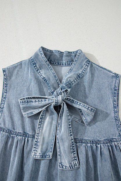 Real Teal Bowknot Neck Sleeveless Ruffled Chambray Dress