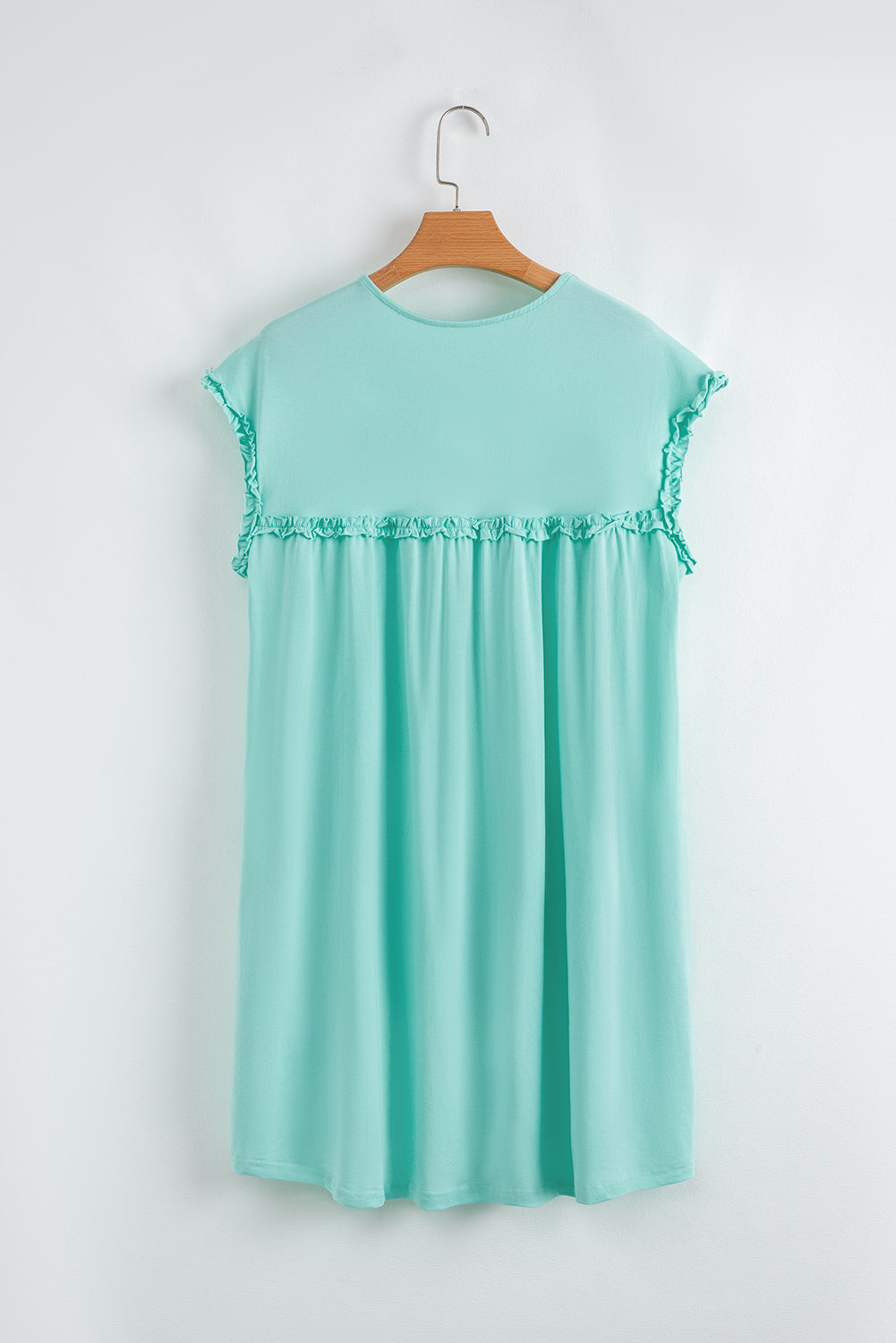 Mint Green Frilled Trim Crew Neck Loose Fit Mini Dress