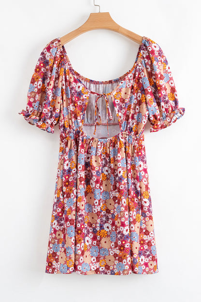 Red Floral Puff Sleeve Square Neck Knot Open Back Mini Dress