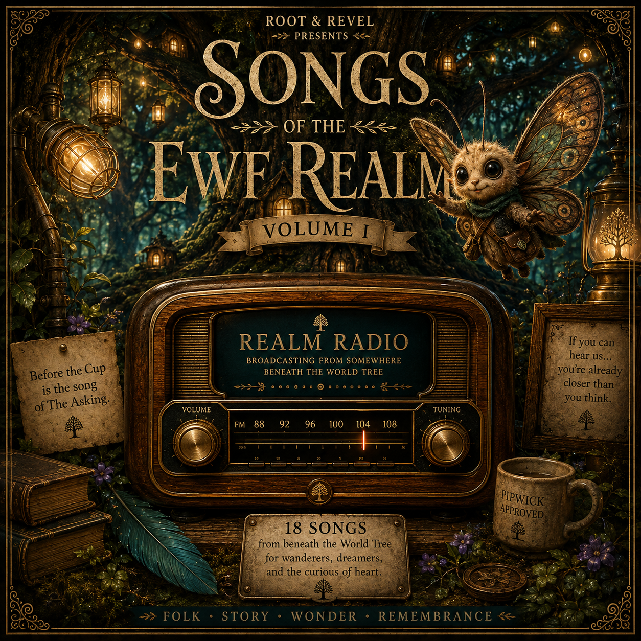 Songs of the Ewf Realm — Volume I album cover featuring Realm Radio beneath the World Tree and Pipwick