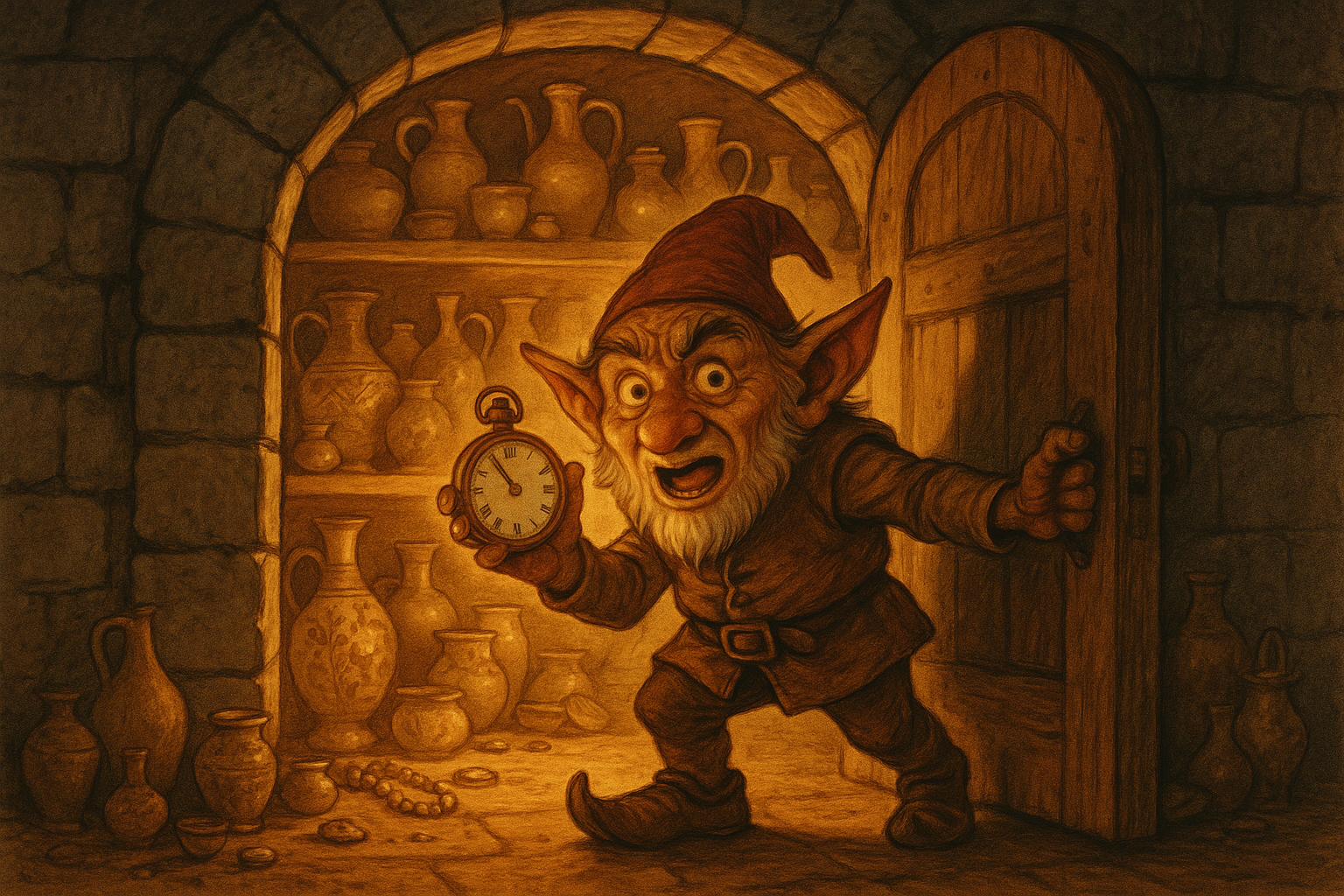 A gnome-like creature with pointed ears, holding a pocket watch, standing int he doorway of a medieval vault. The vault is filled with ceramics and trinkets. The vibe should be excitement. The intent is limited time for access.