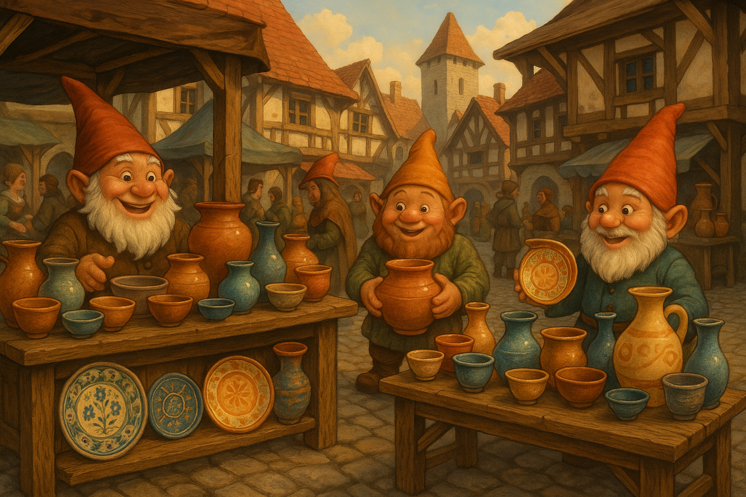 A market square in a medieval village setting. The market vendors are gnomes selling different types of ceramics.