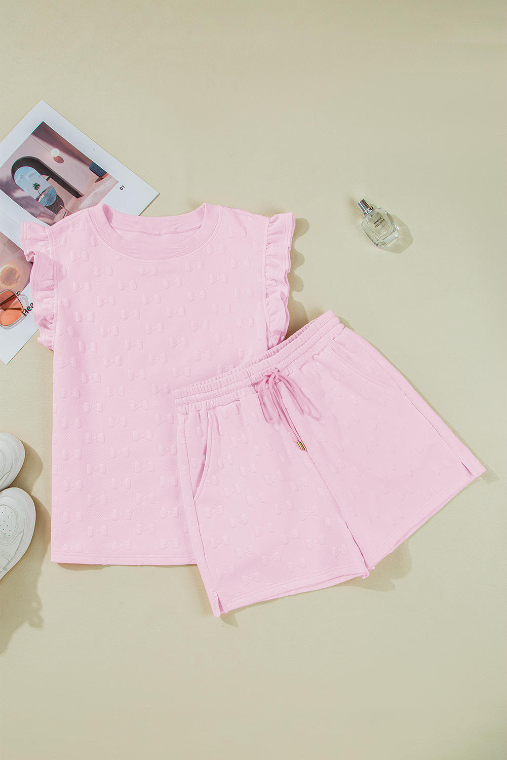Pink Bow Jacquard Ruffle Sleeve Short 2pcs Outfit