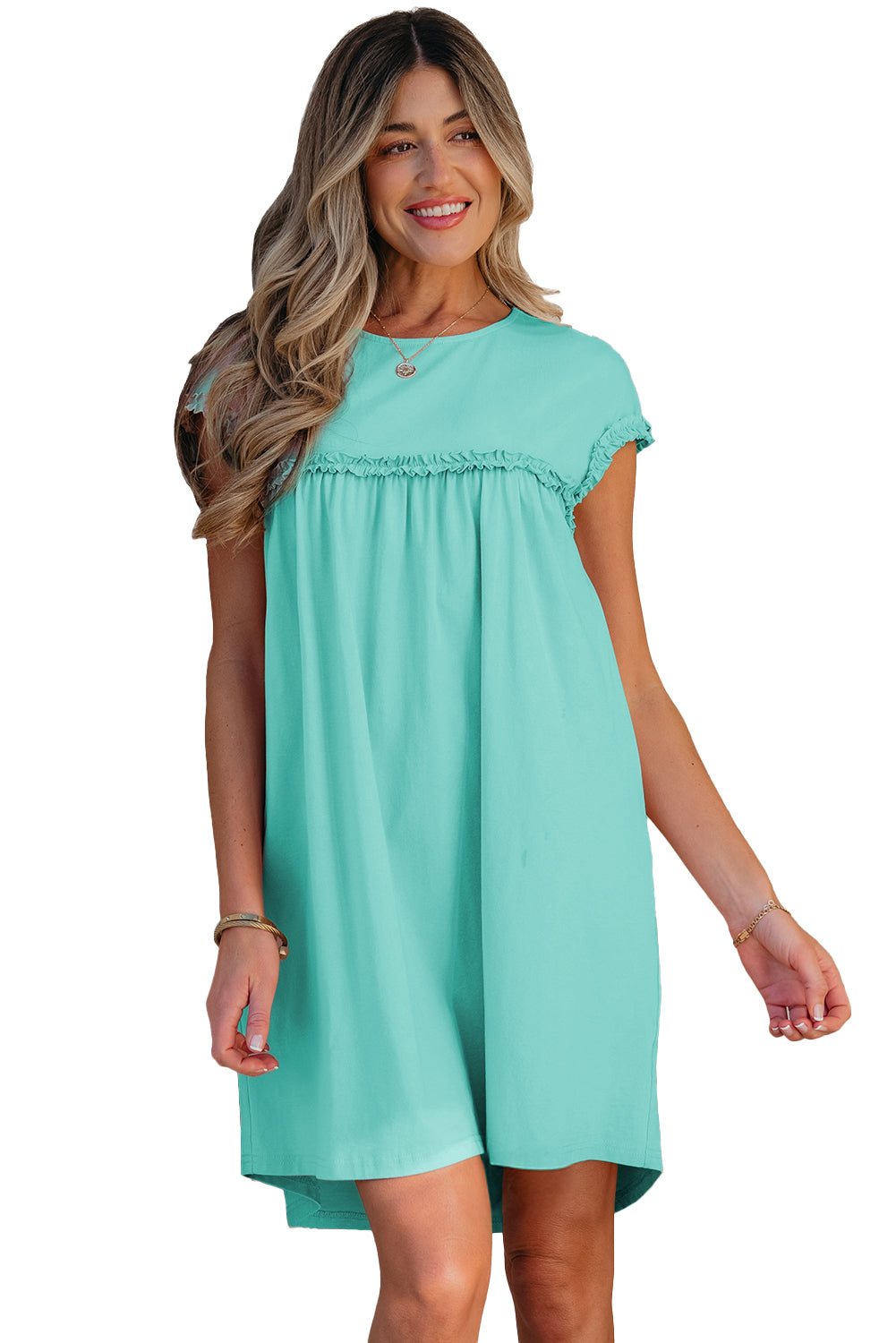 Mint Green Frilled Trim Crew Neck Loose Fit Mini Dress