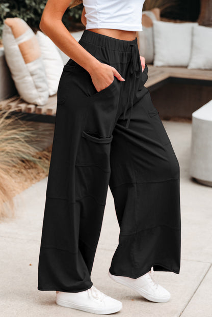 Black Mineral Wash Exposed Seam Drawstring High Waist Wide Leg Cargo Pants