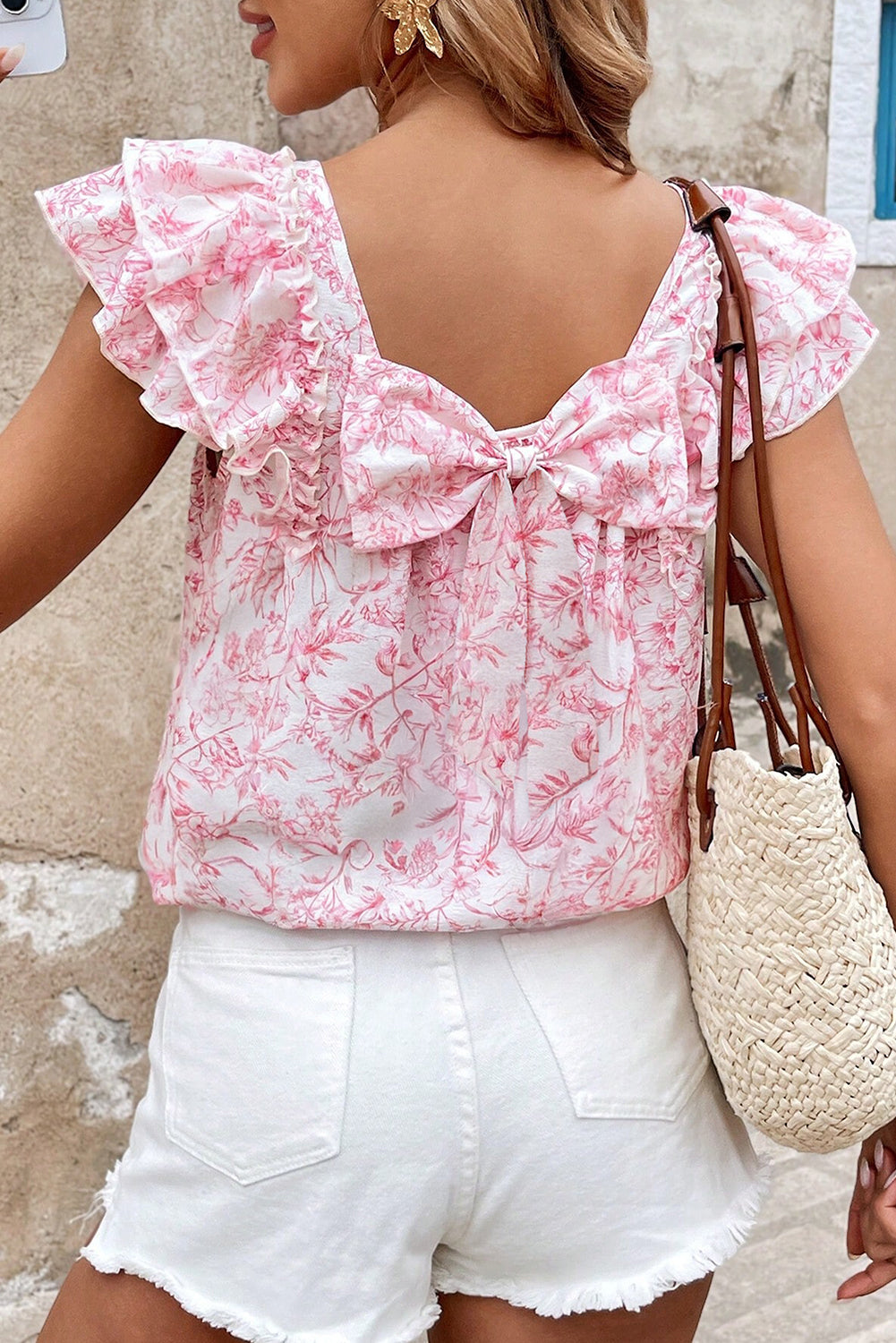 Pink Floral Ruffled Short Sleeve Bow Back Square Neck Blouse