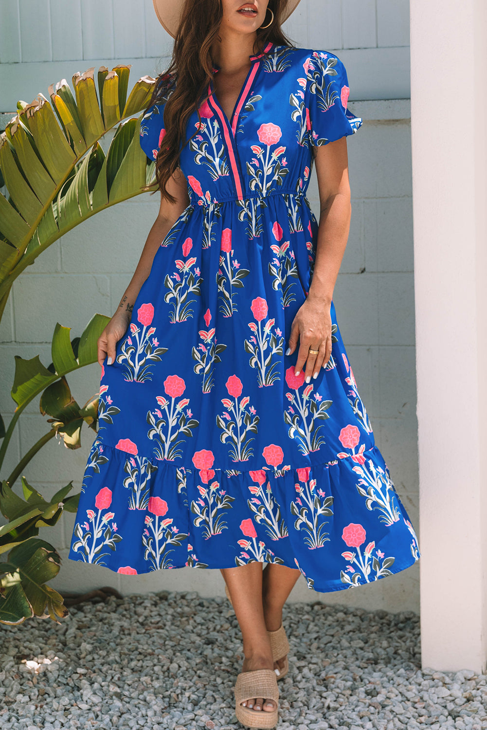 Sky Blue Floral Puff Short Sleeve V Neck High Waist Maxi Dress