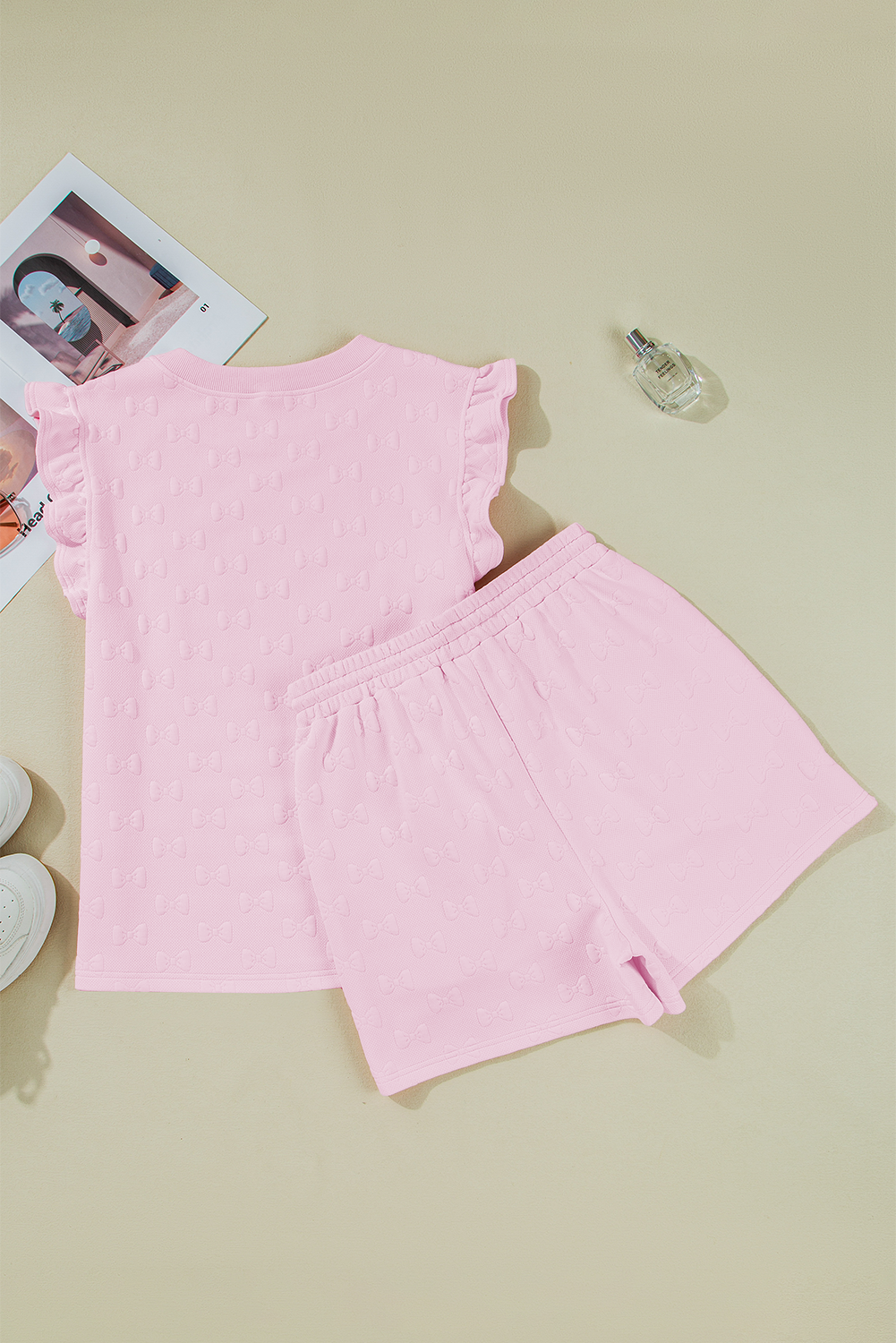 Pink Bow Jacquard Ruffle Sleeve Short 2pcs Outfit