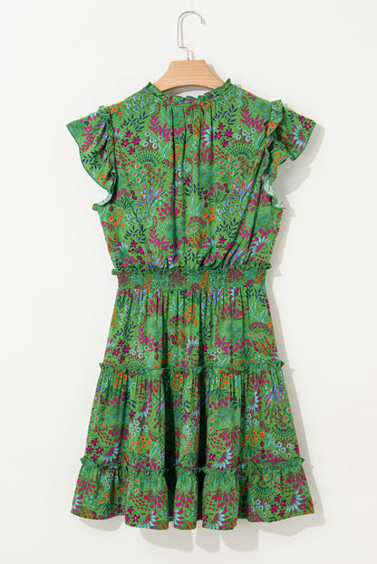 Green Floral Tie Split Neck Frilly Ruffle Trim Tiered Short Dress