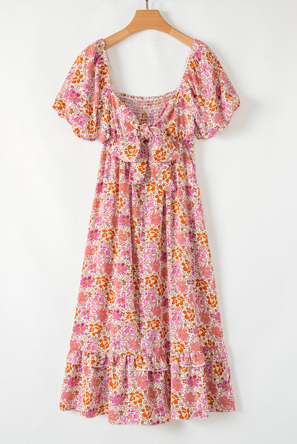 Pink Floral Square Neck Knotted Ruffle Midi Dress