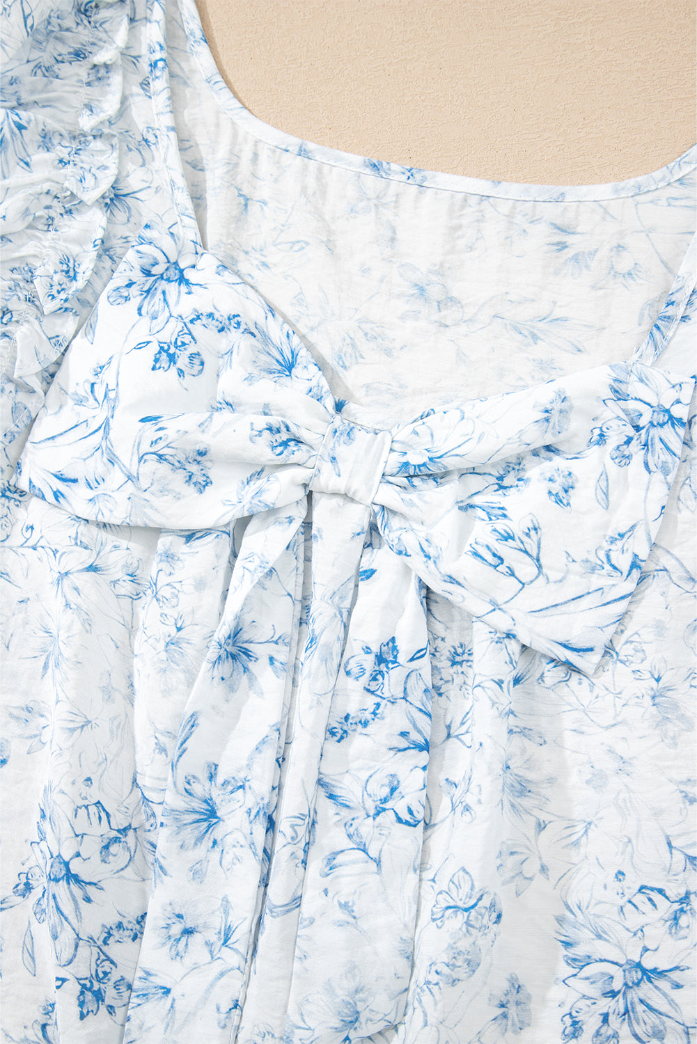 Sky Blue Floral Ruffled Short Sleeve Bow Back Square Neck Blouse