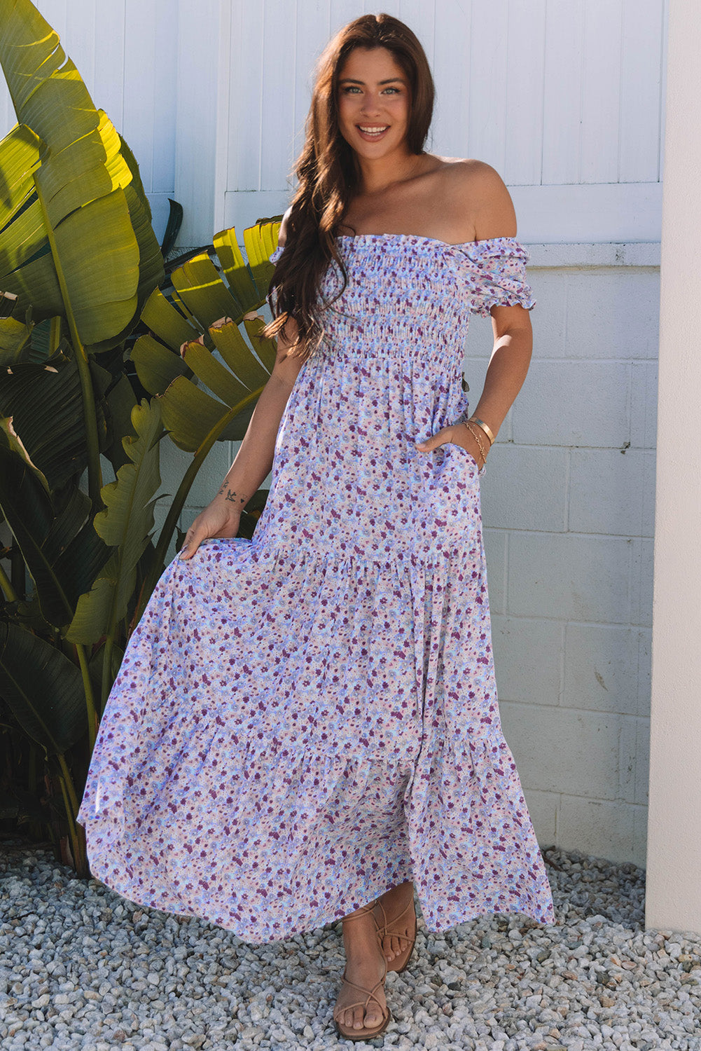 Purple Floral Short Bubble Sleeve Shirred High Waist Maxi Dress