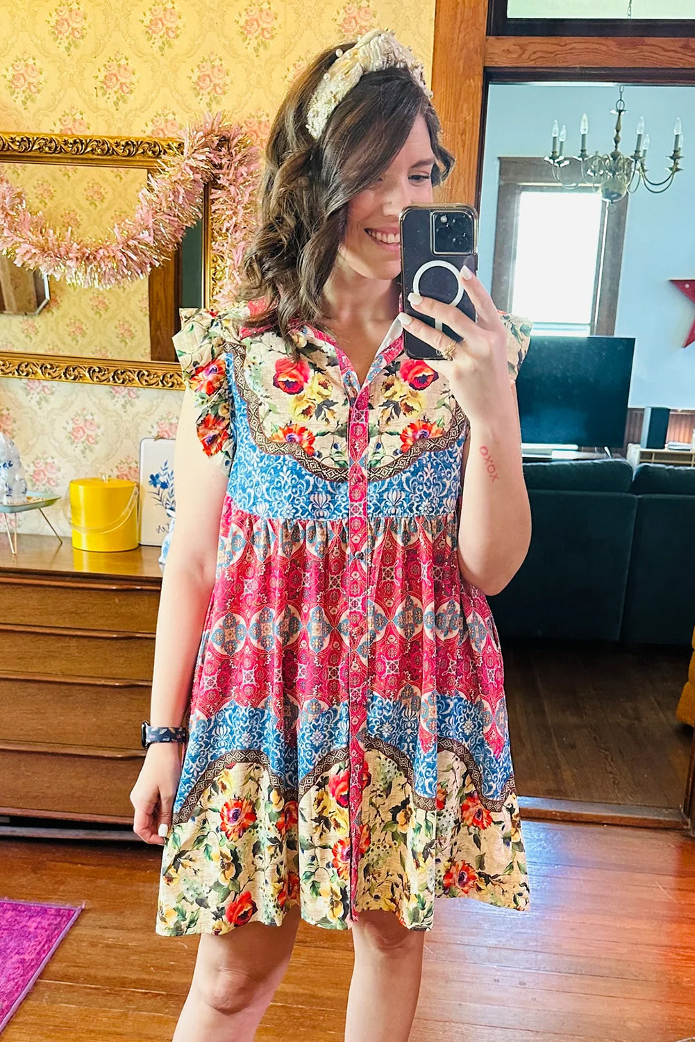Rose Floral Mixed Pattern Ruffle Flutter Sleeve Buttoned Dress